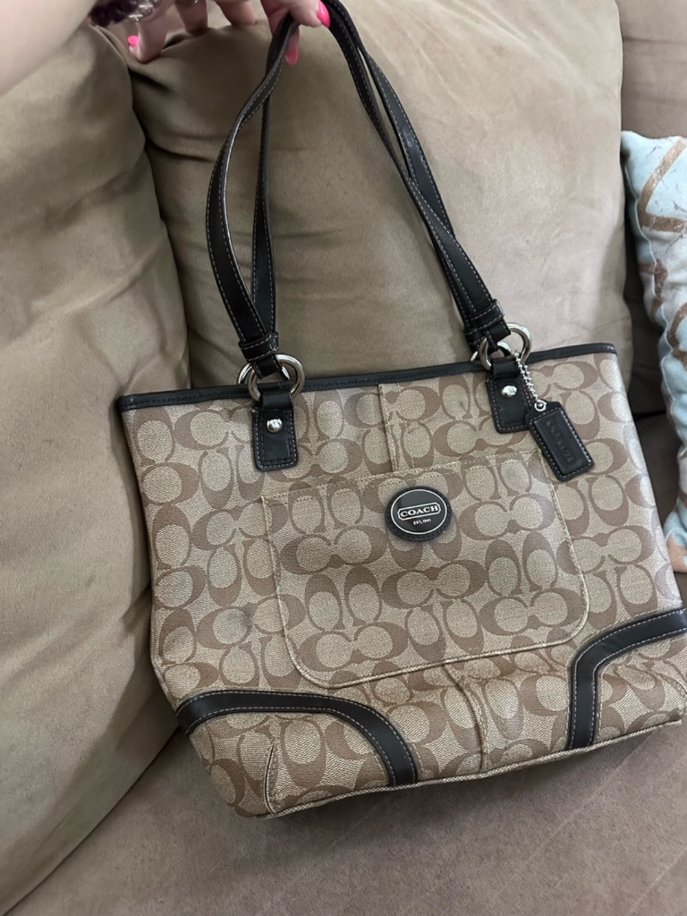 Authentic COACH Traditional Signature Tote Khaki/Tan Mahogany Handbag Purse!